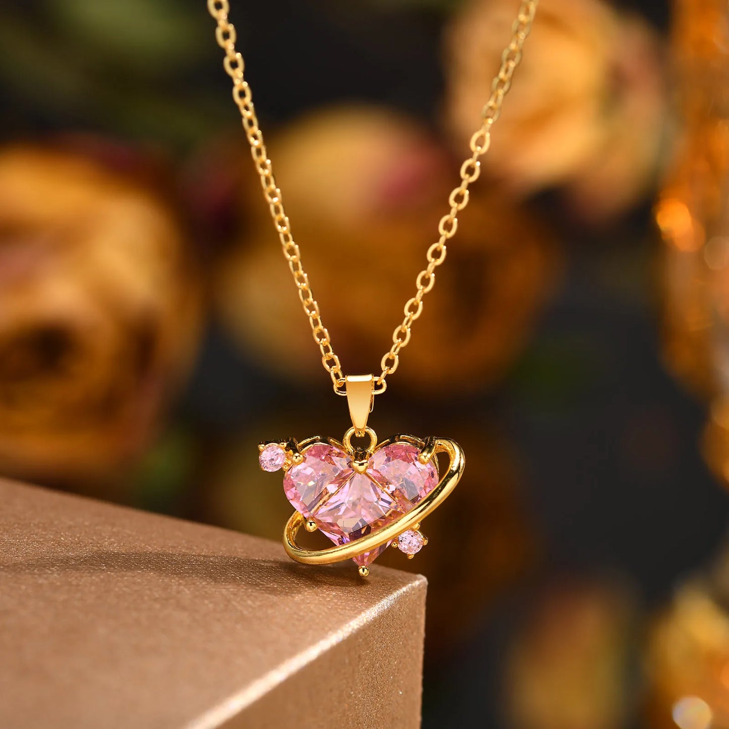 Women Big Pink Heart Stone Necklaces