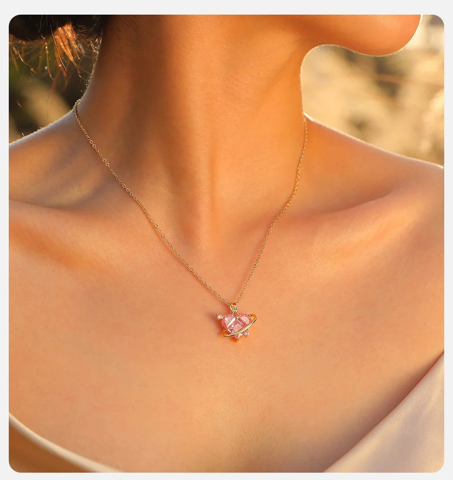 Women Big Pink Heart Stone Necklaces
