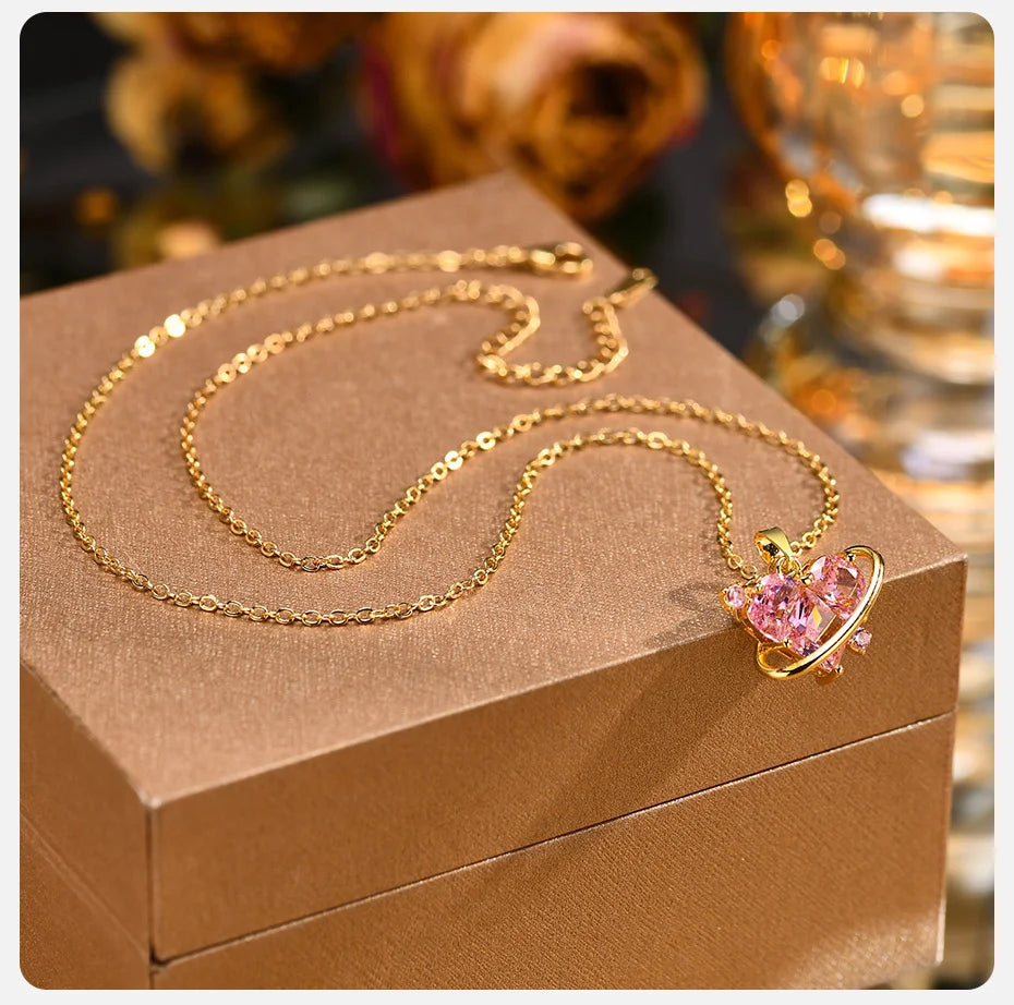 Women Big Pink Heart Stone Necklaces