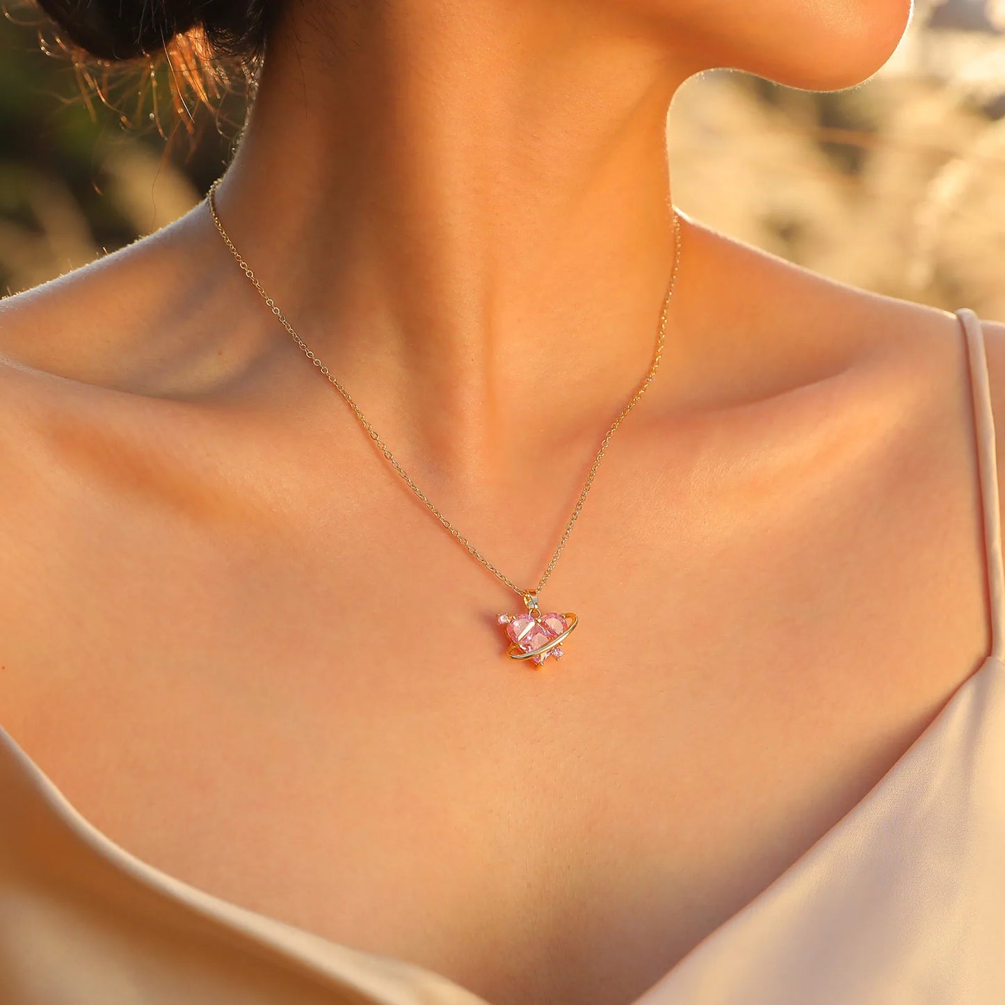 Women Big Pink Heart Stone Necklaces