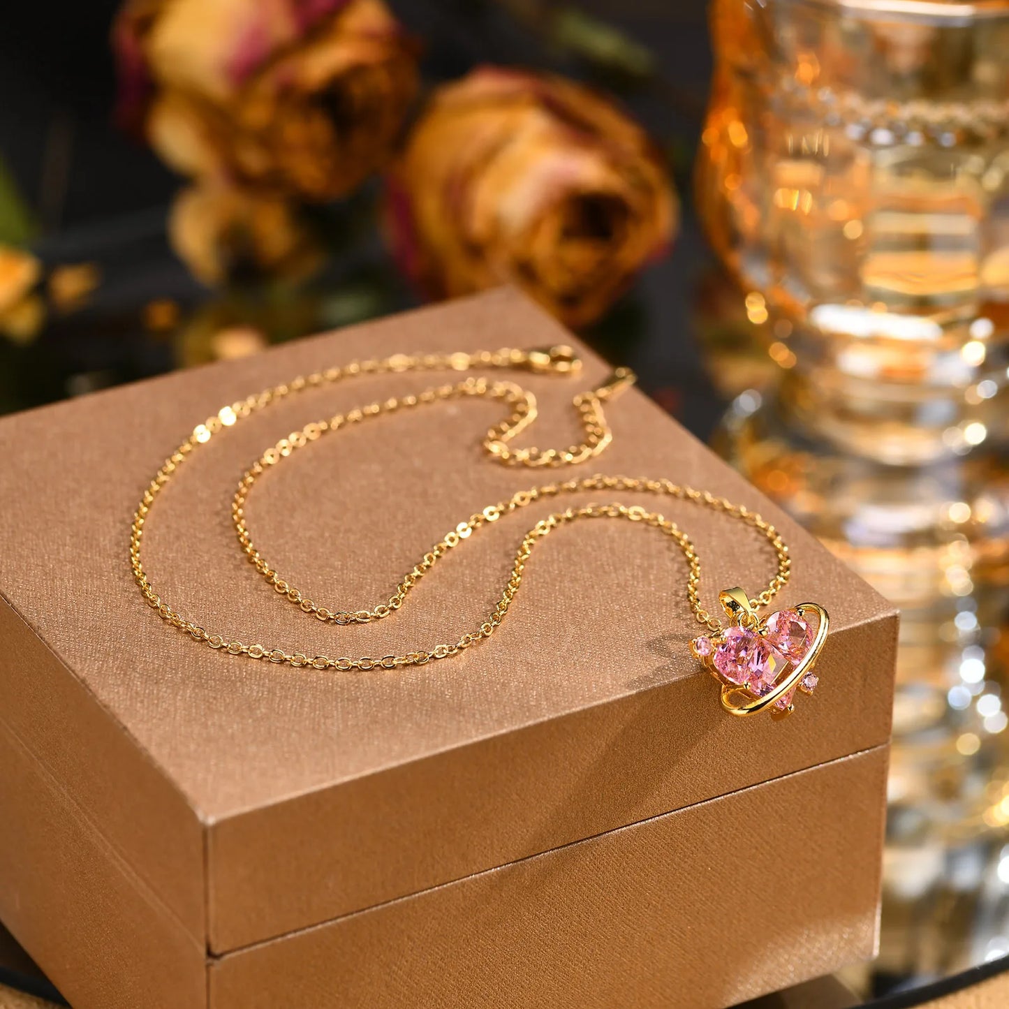 Women Big Pink Heart Stone Necklaces
