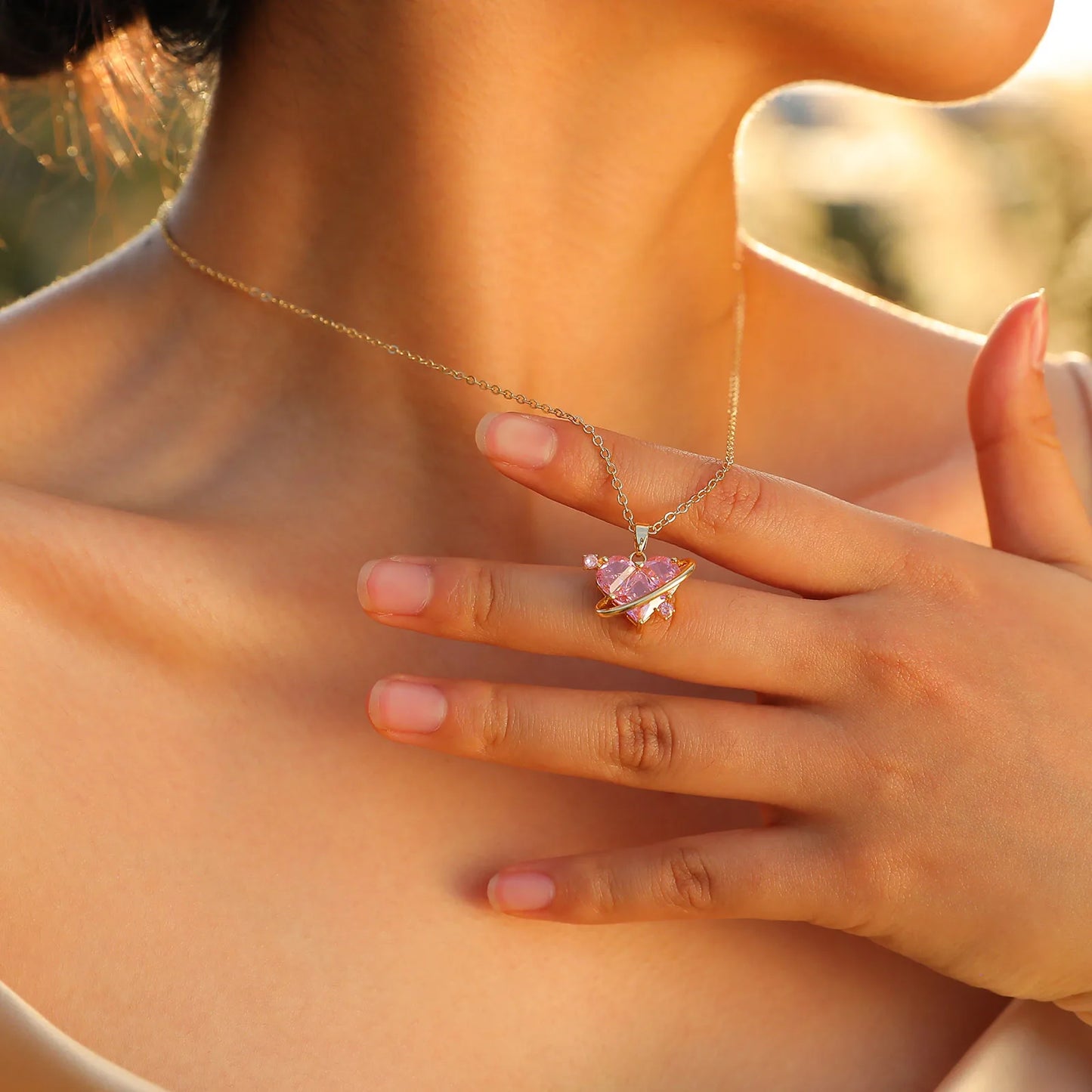 Women Big Pink Heart Stone Necklaces