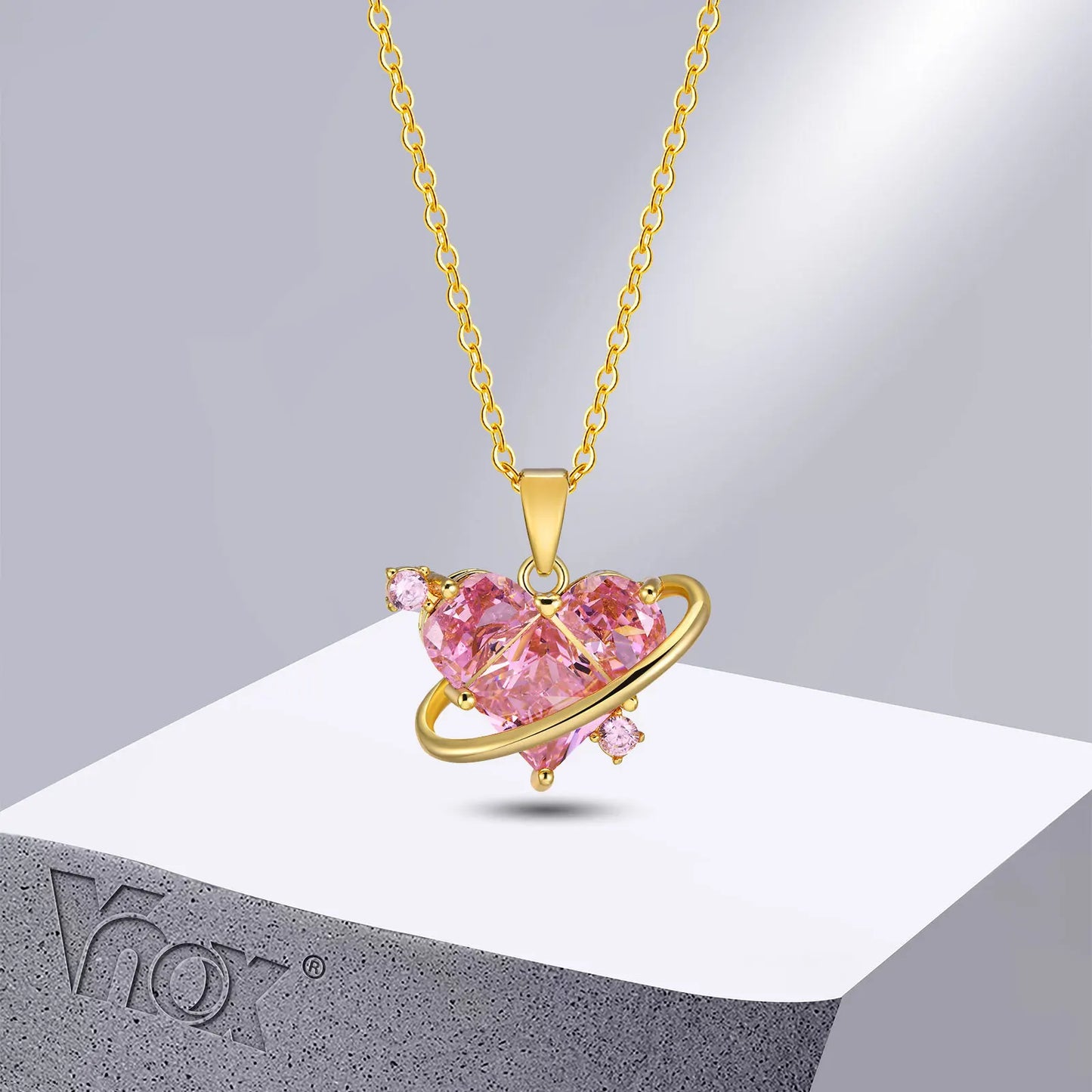 Women Big Pink Heart Stone Necklaces