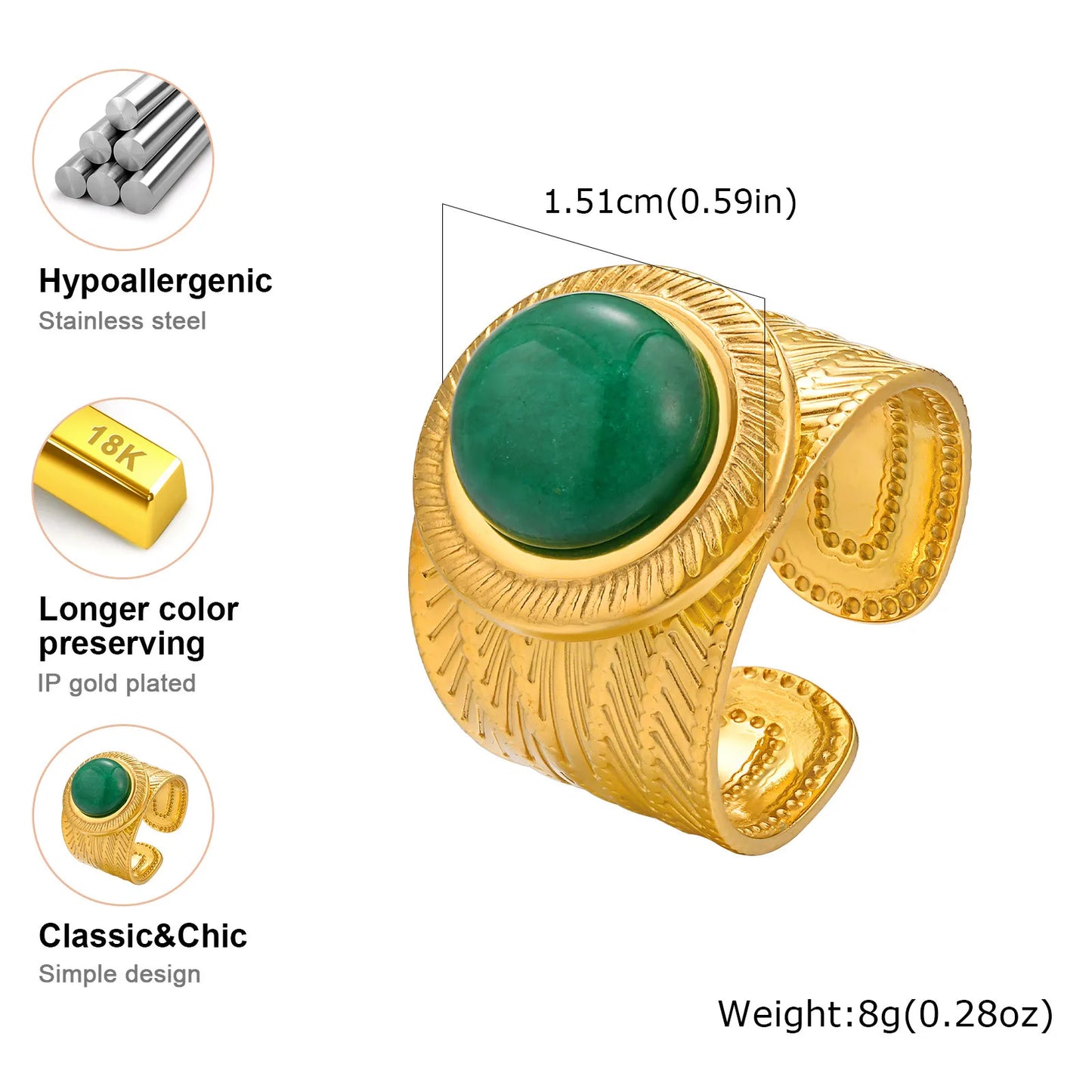 Round Green Brown Stone Pressed Floral Ring