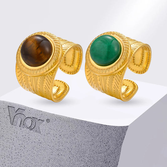 Round Green Brown Stone Pressed Floral Ring