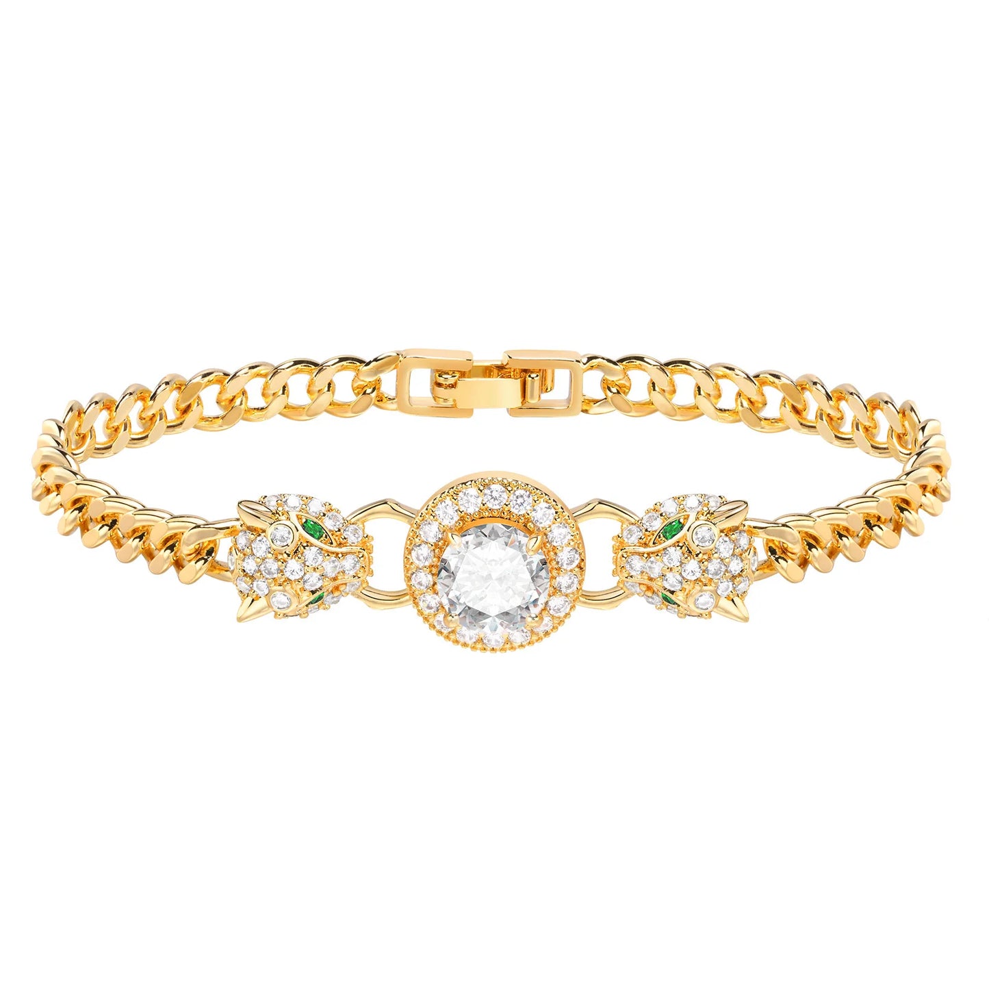 CZ Stone Heart Animal Charm Cuban Chain Link Wristband