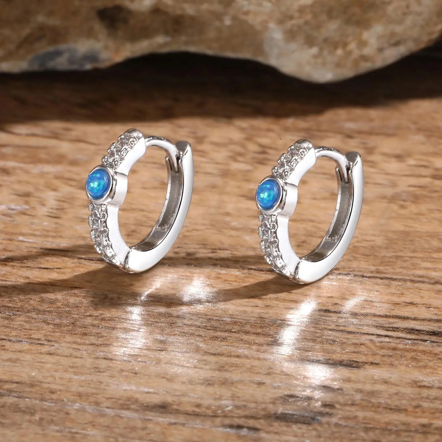 Blue Opal Stone Hoop Earrings