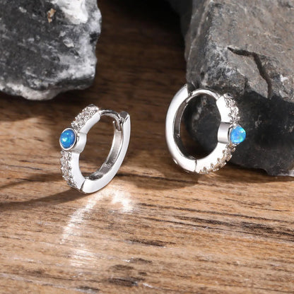 Blue Opal Stone Hoop Earrings