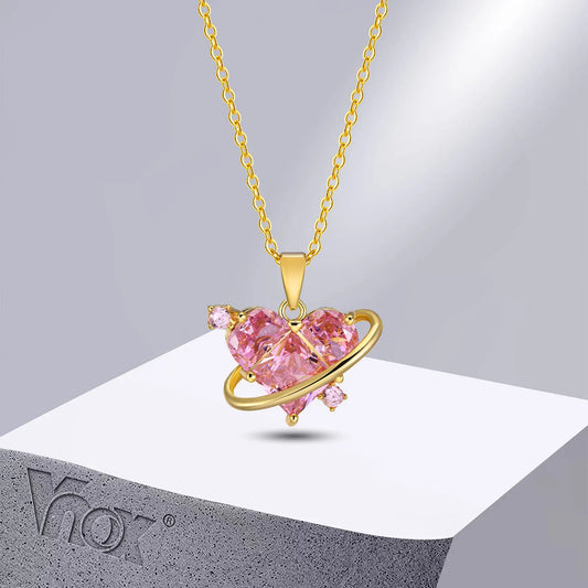 Women Big Pink Heart Stone Necklaces